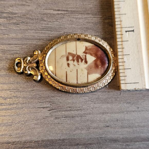 Vintage Gold Oval Photo Pendant with Antique Photo of Man with Mustache & Bowtie - Picture 4 of 5
